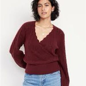 Old Navy Wool-Blend Wrap-Front Sweater pointelle red burgundy umber earth M